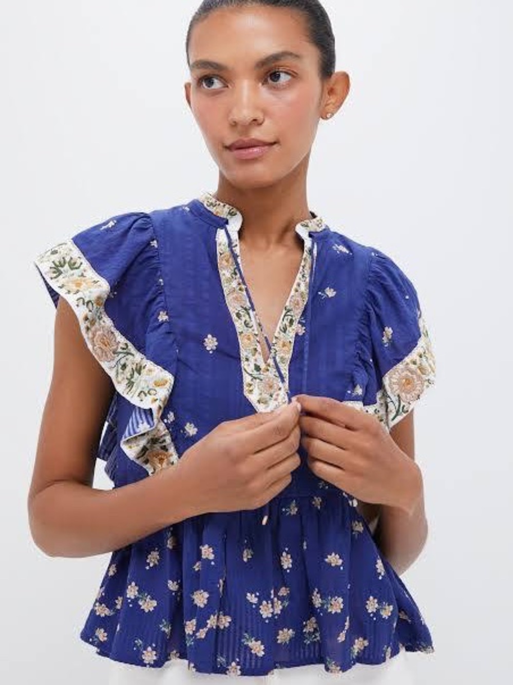 Sea New York Navy Floral Ruffled Peasant Top